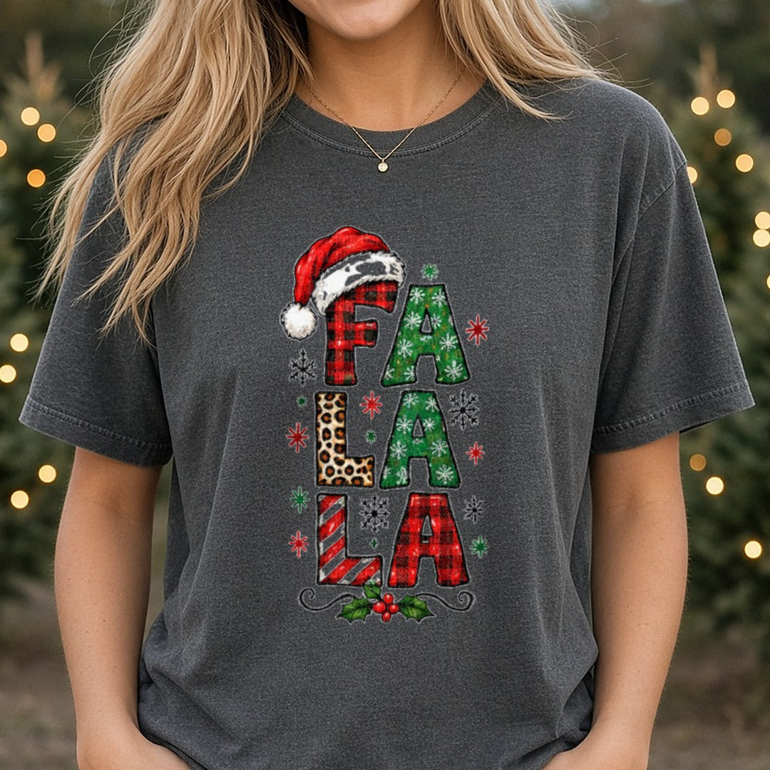 Falala Santa Hat Plaid Leopard Letters DTF transfer shown on a Comfort Colors tee