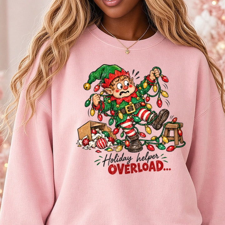 Holiday Helper Overload DTF transfer shown on a Comfort Colors sweatshirt