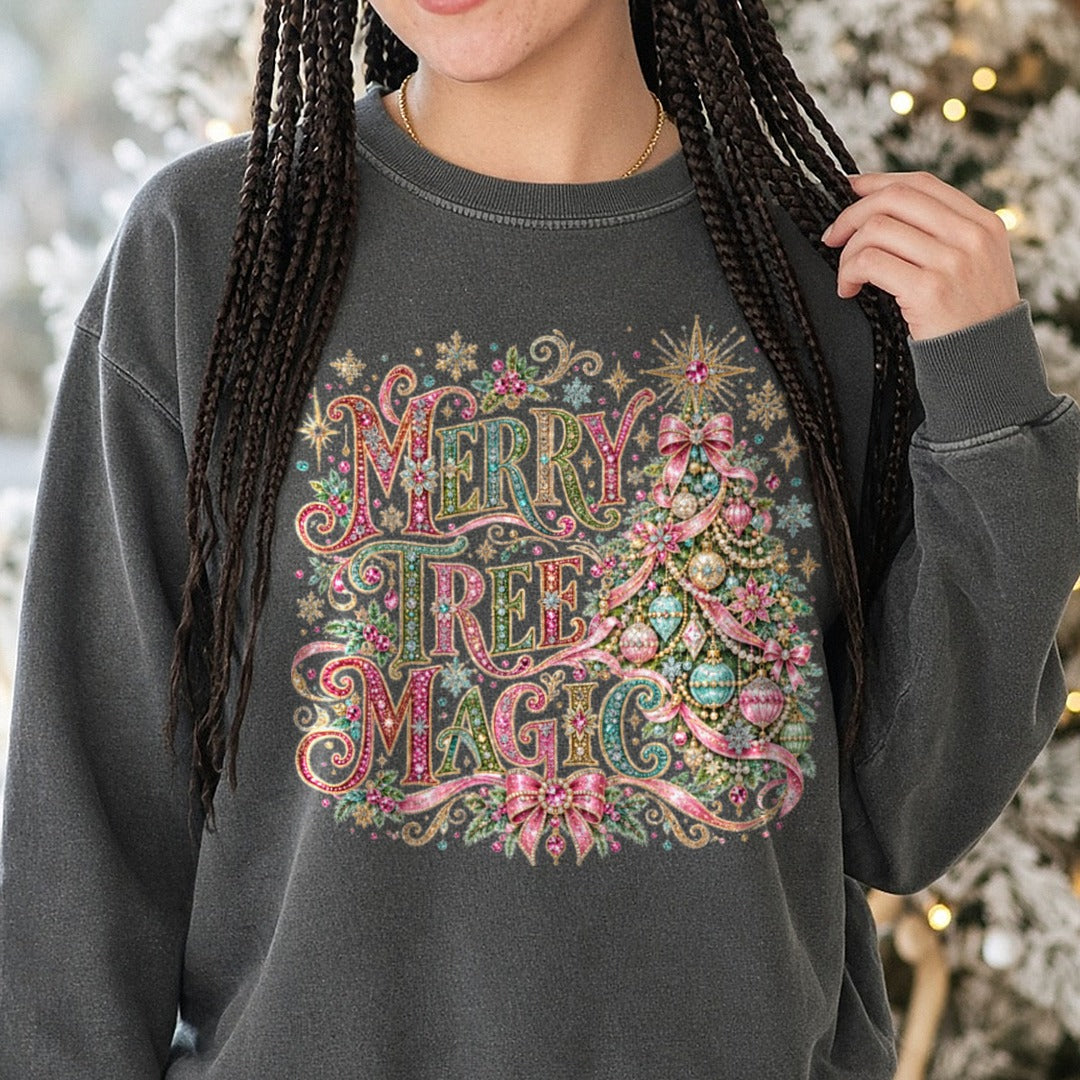 Pink Merry Tree Magic DTF transfer shown on a Comfort Colors sweatshirt