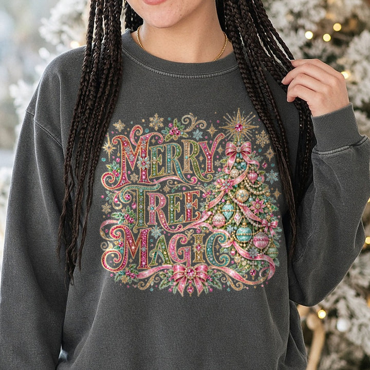 Pink Merry Tree Magic DTF transfer shown on a Comfort Colors sweatshirt