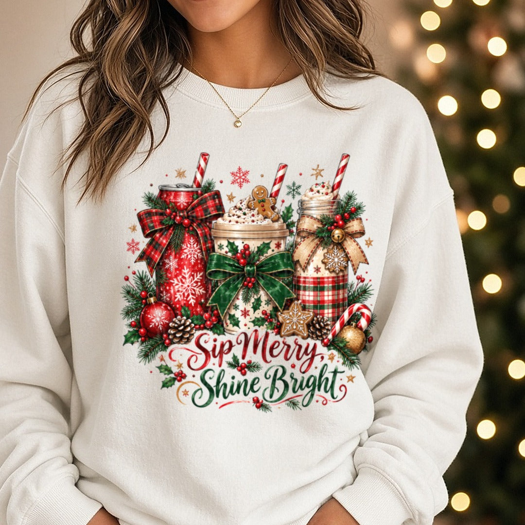 Sip Merry and Shine Bright DTF transfer shown on a Comfort Colors sweatshirt