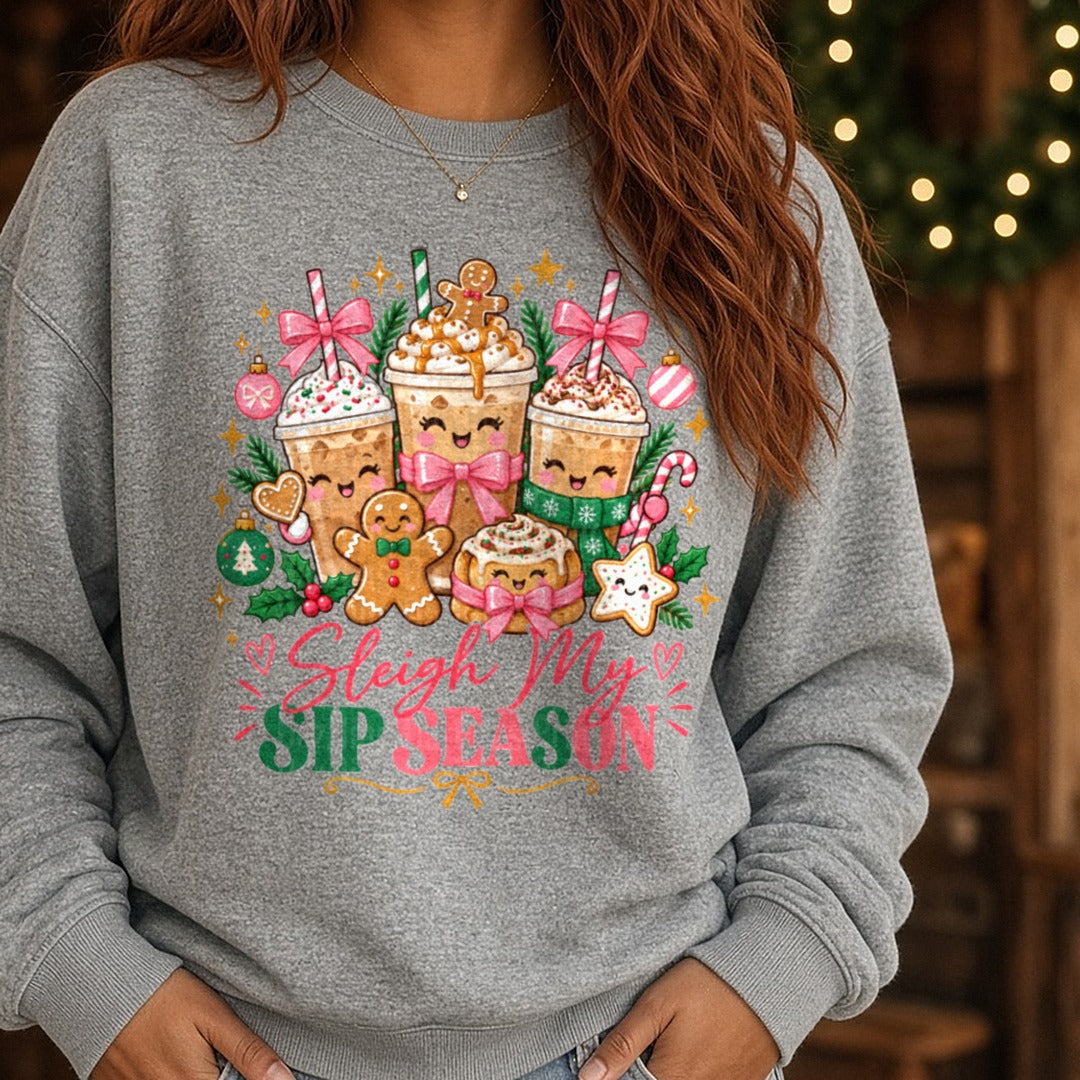 Sleigh My Sip Season DTF transfer shown on a Comfort Colors sweatshirt