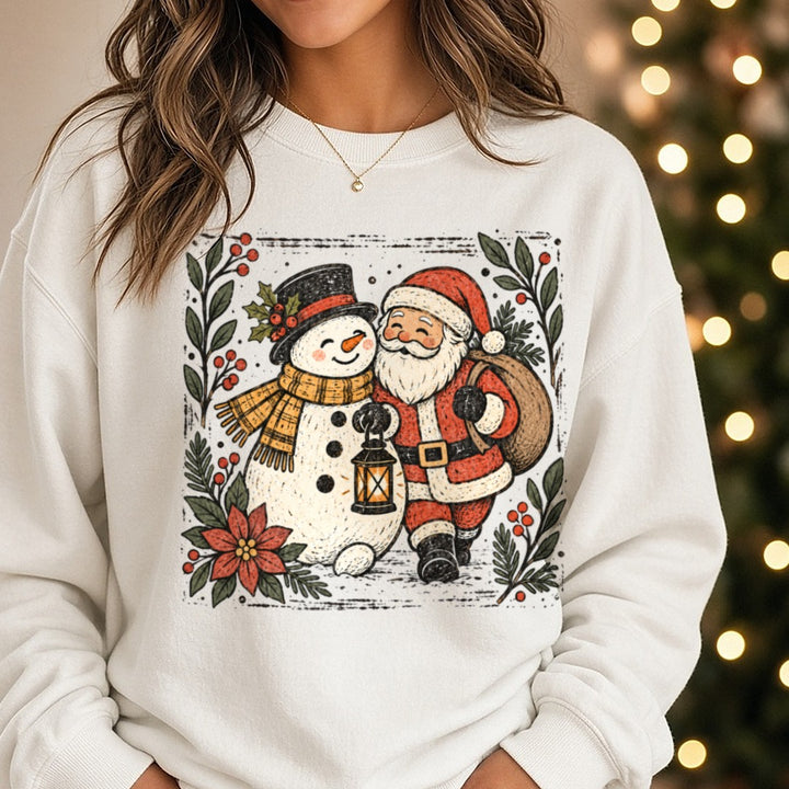 Santa and Snowman DTF transfer shown on a Comfort Colors sweatshirt