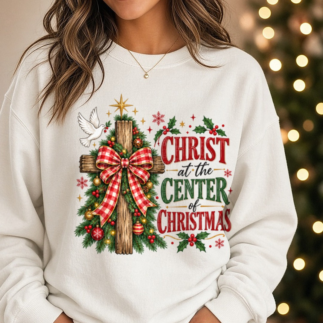 Christ at the Center of Christmas DTF transfer shown on a Comfort Colors sweatshirt