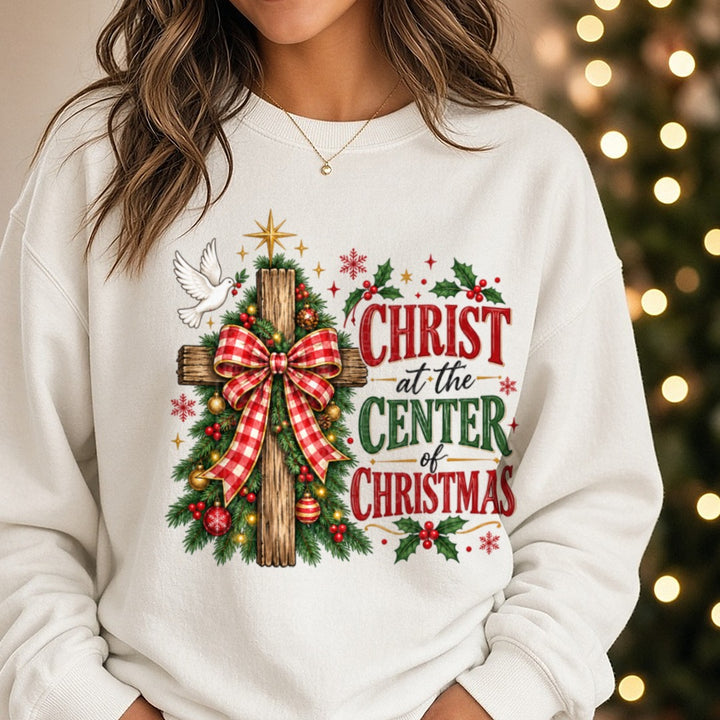 Christ at the Center of Christmas DTF transfer shown on a Comfort Colors sweatshirt