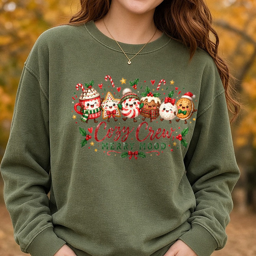 Cozy Crew DTF transfer shown on a Comfort Colors sweatshirt