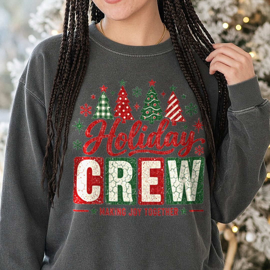 Holiday Crew DTF transfer shown on a Comfort Colors sweatshirt