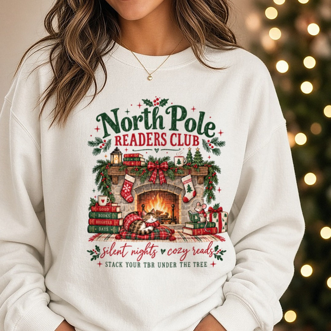 North Pole Readers Club DTF transfer shown on a Comfort Colors sweatshirt