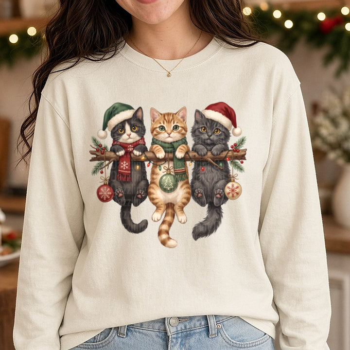 Christmas Cats with Ornaments DTF transfer shown on a Comfort Colors long sleeve tee