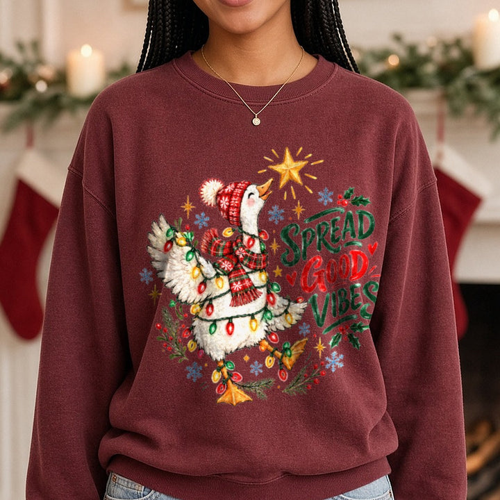 Spread Good Vibes Goose DTF transfer shown on a Comfort Colors sweatshirt
