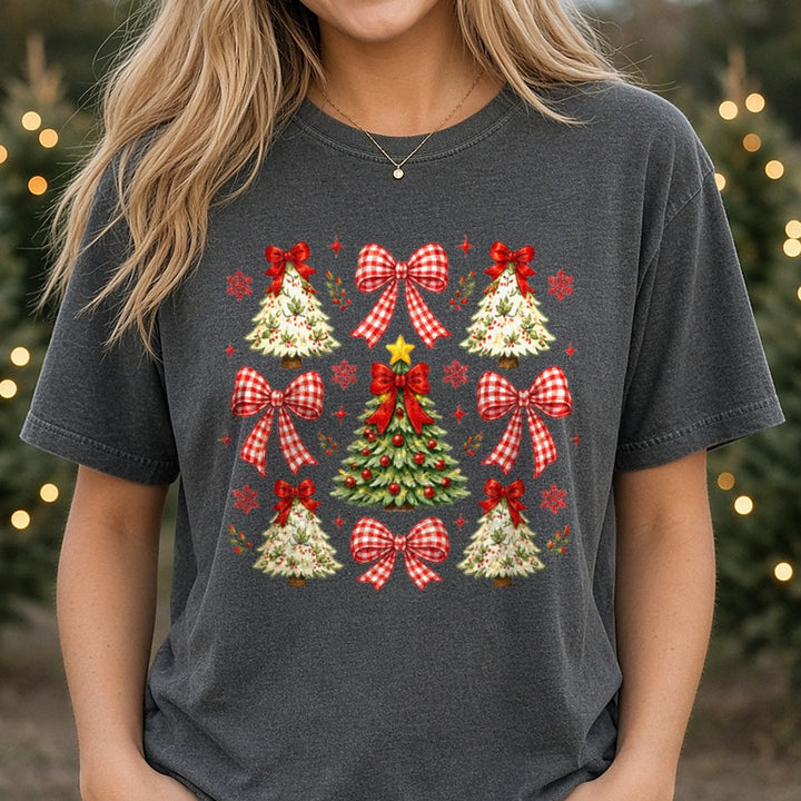 Christmas Tree and Bows DTF transfer shown on a Comfort Colors tee