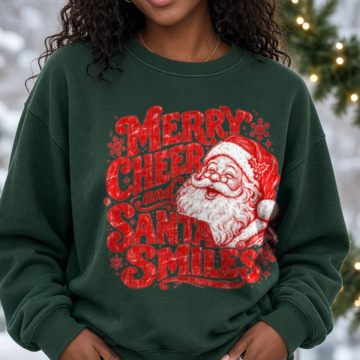 Merry Cheer and Santa Smiles DTF transfer shown on a Comfort Colors sweatshirt