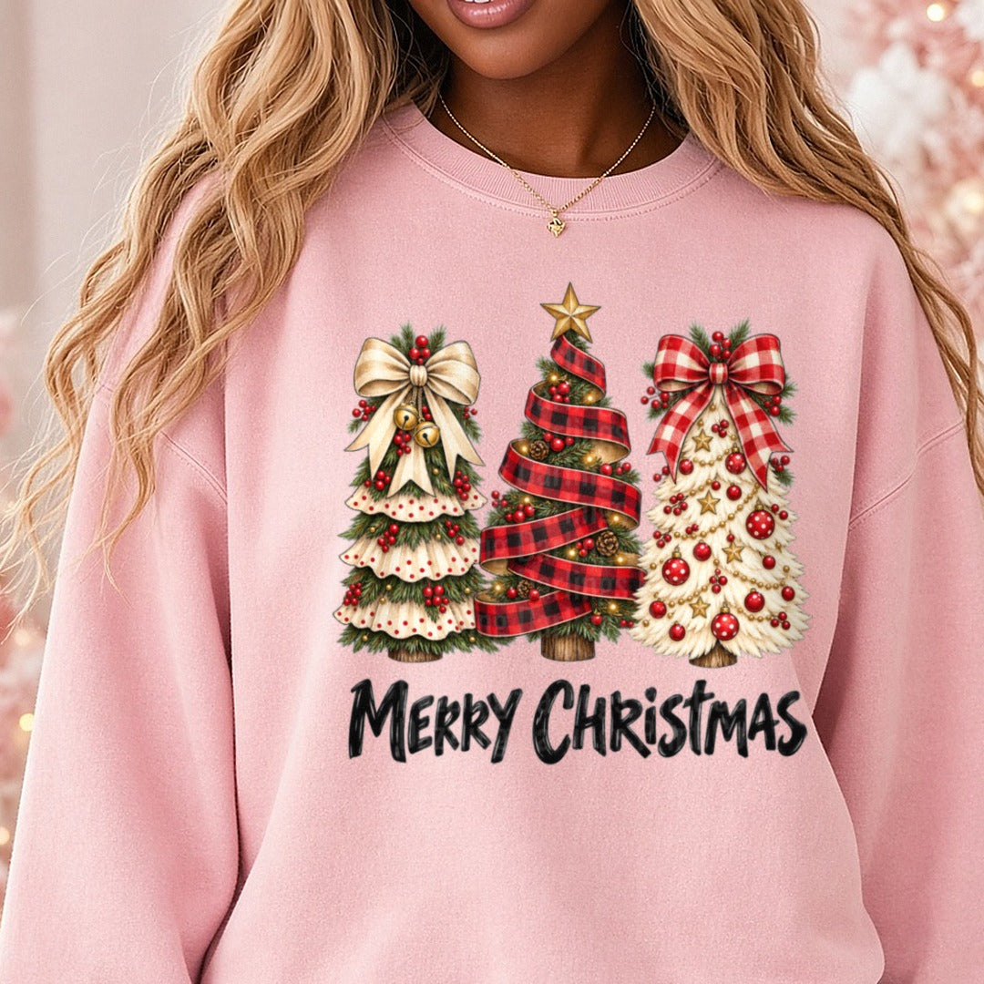 Merry Christmas Ribbon Trees DTF transfer shown on a Comfort Colors sweatshirt