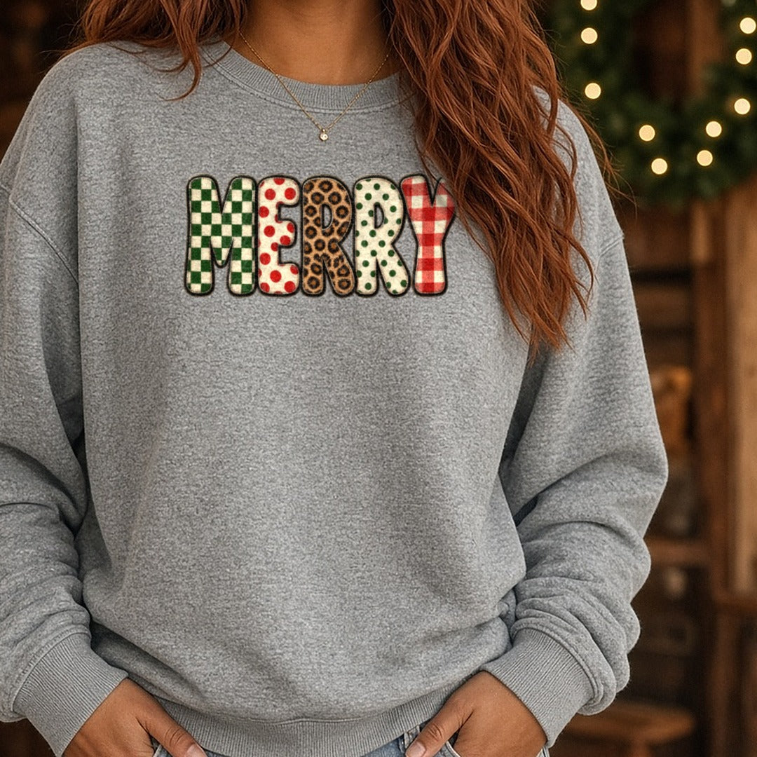 Merry Leopard and Checkered DTF transfer shown on a Comfort Colors sweatshirt