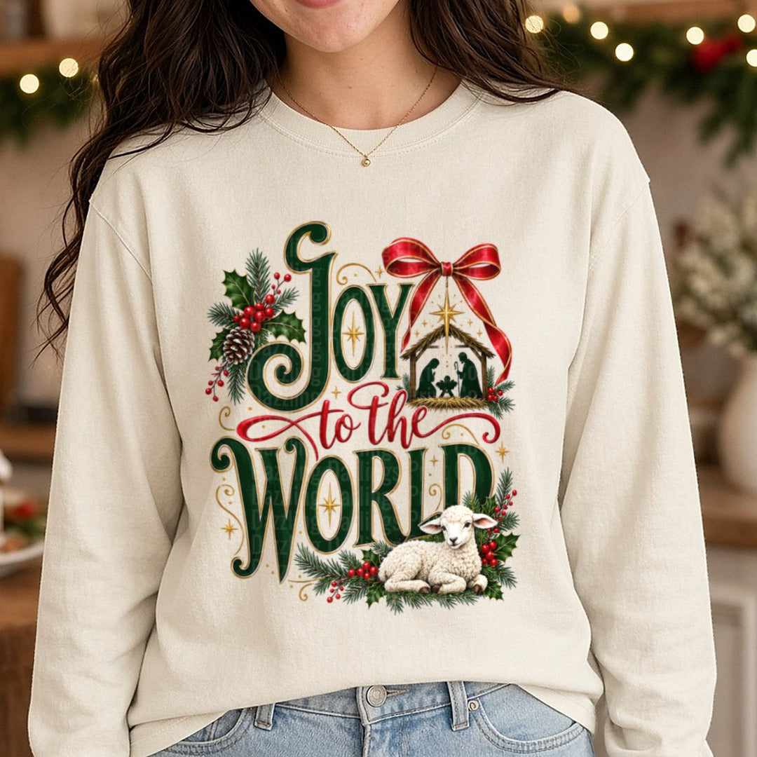 Joy To The World Green Red Script Lamb Holly DTF transfer shown on a Comfort Colors long sleeve tee