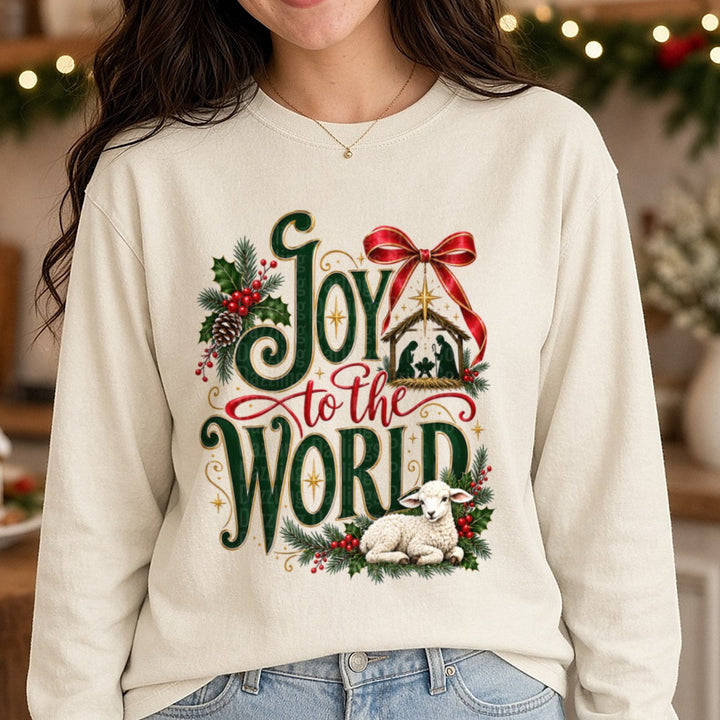 Joy To The World Green Red Script Lamb Holly DTF transfer shown on a Comfort Colors long sleeve tee