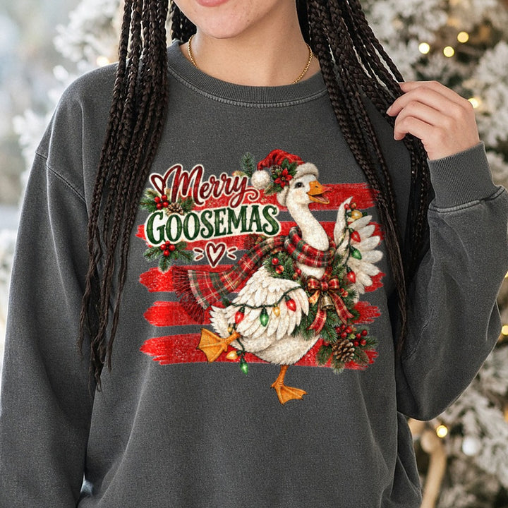 Merry Goosemas DTF transfer shown on a Comfort Colors sweatshirt