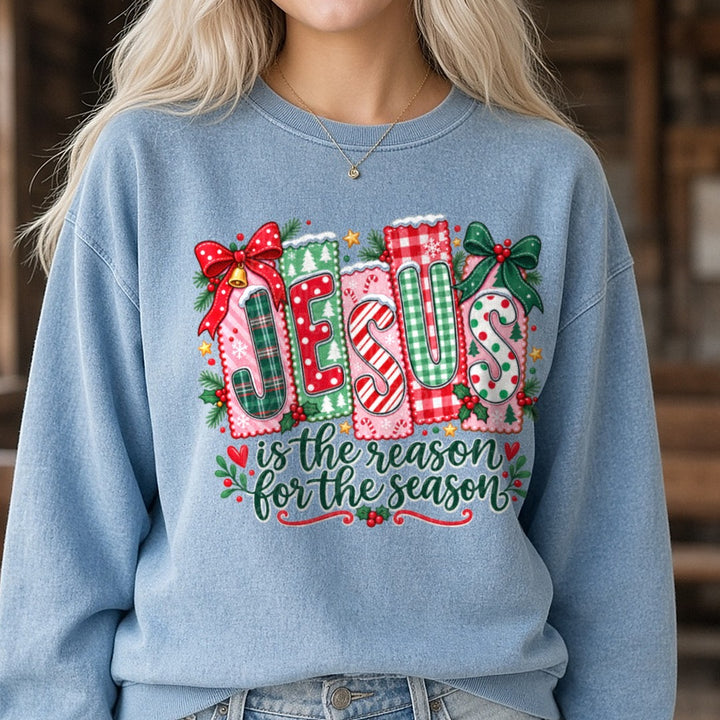 Jesus Is The Reason For The Season Plaid Patterned Letters Bows DTF transfer shown on a Comfort Colors sweatshirt