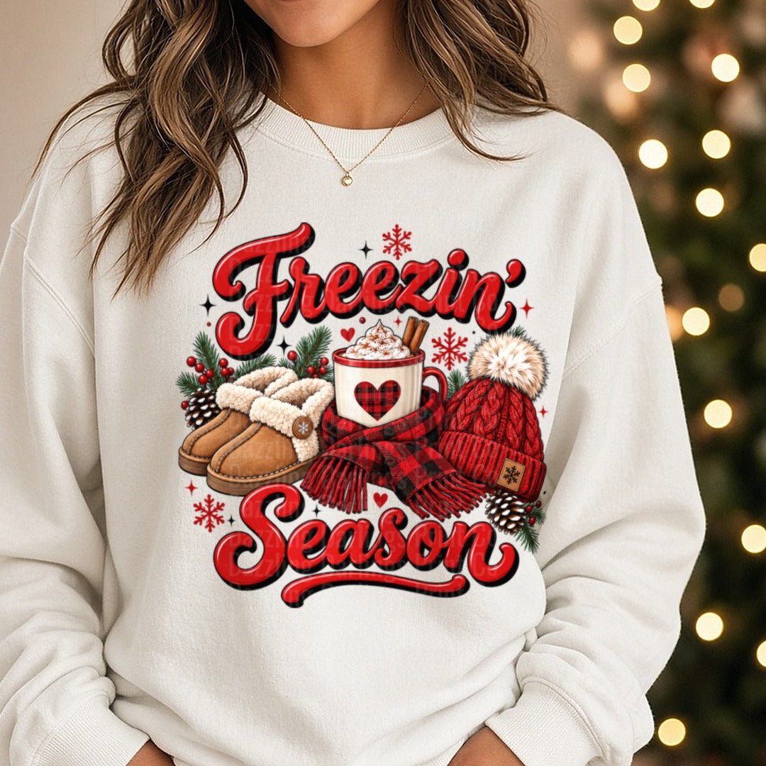 Freezin Season DTF transfer shown on a Comfort Colors sweatshirt