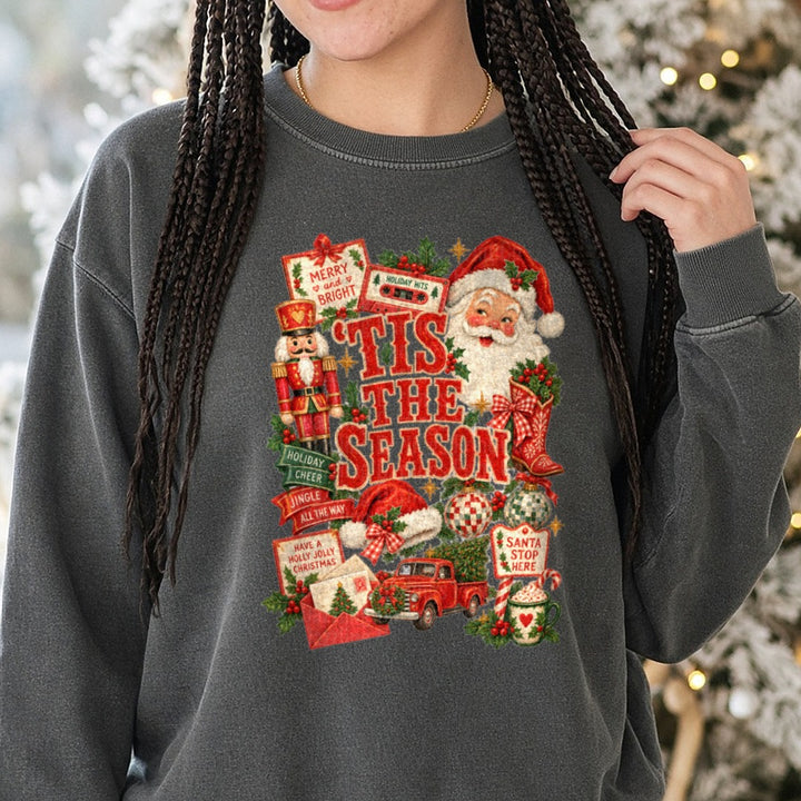 Tis The Season Santa DTF transfer shown on a Comfort Colors sweatshirt