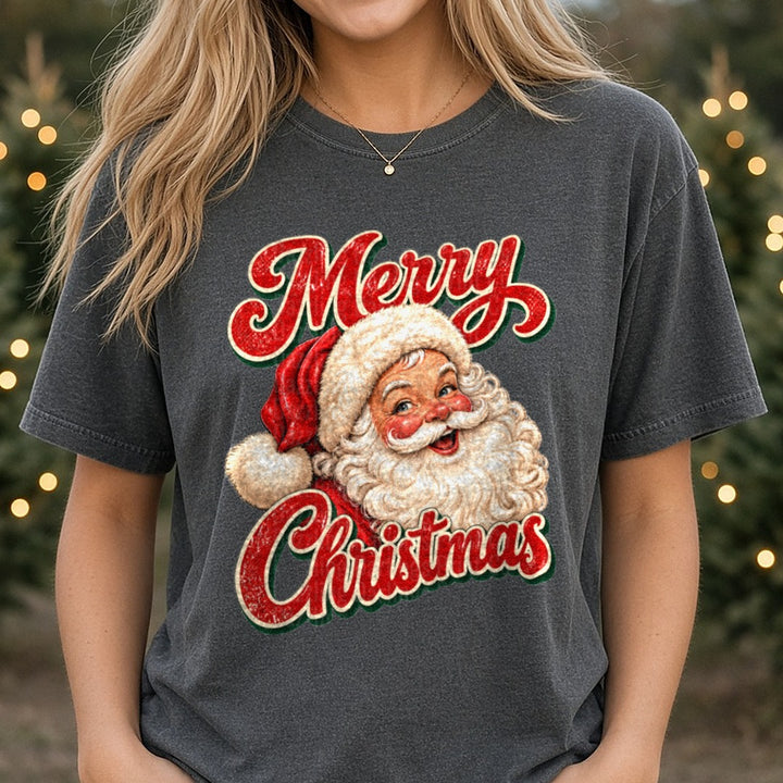 Distressed Santa Merry Christmas DTF transfer shown on a Comfort Colors tee