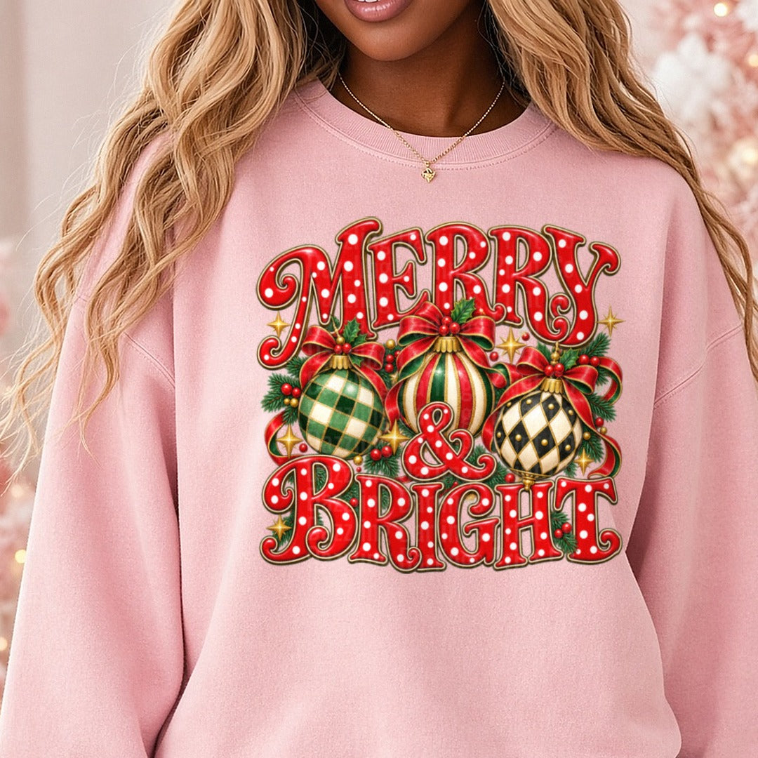 Merry & Bright Polkadot DTF transfer shown on a Comfort Colors sweatshirt