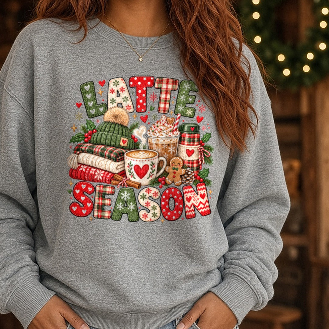 Latte Season DTF transfer shown on a Comfort Colors sweatshirt