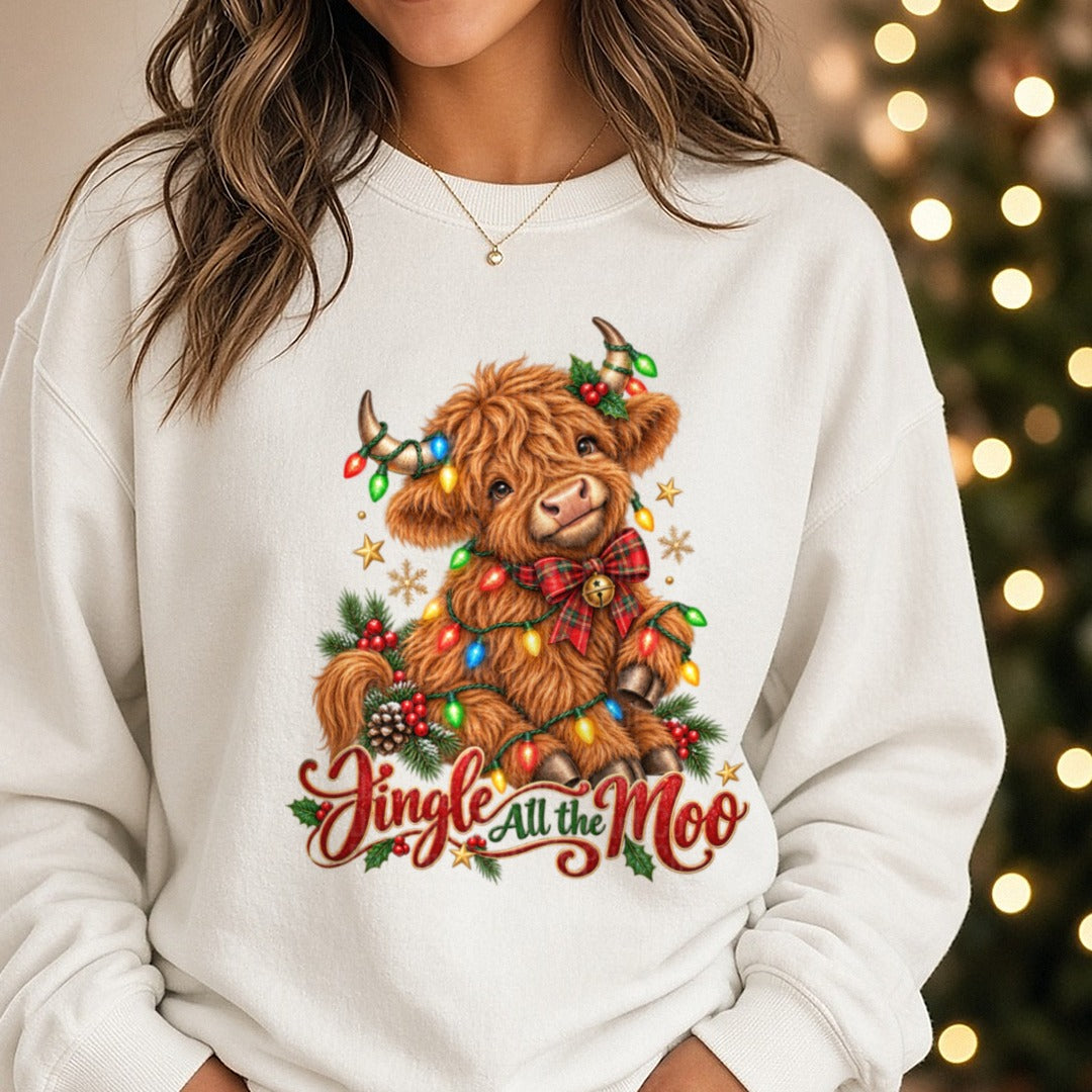 Jingle all the MOOO DTF transfer shown on a Comfort Colors sweatshirt