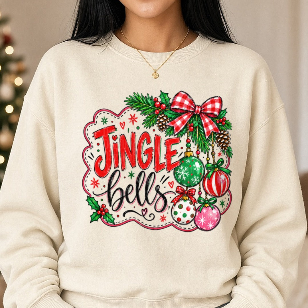 Jingle Bells DTF transfer shown on a Comfort Colors sweatshirt