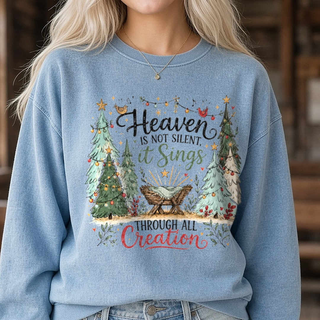 Heaven is Not Silent DTF transfer shown on a Comfort Colors sweatshirt