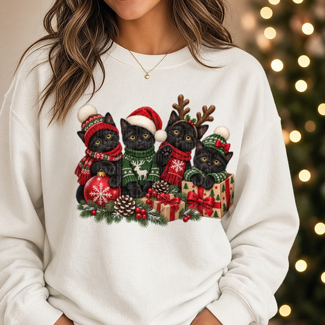 Black Cat Christmas Sweaters DTF transfer shown on a Comfort Colors sweatshirt
