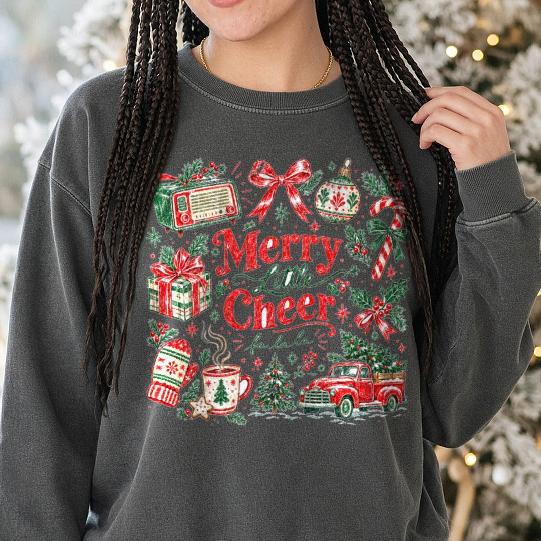 Merry little Cheer DTF transfer shown on a Comfort Colors sweatshirt