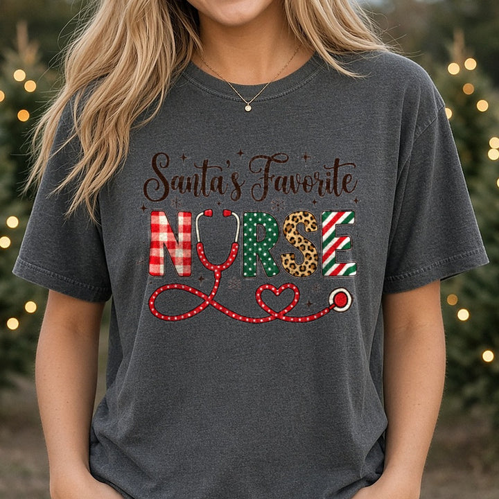 Santa's Favorite Nurse DTF transfer shown on a Comfort Colors tee