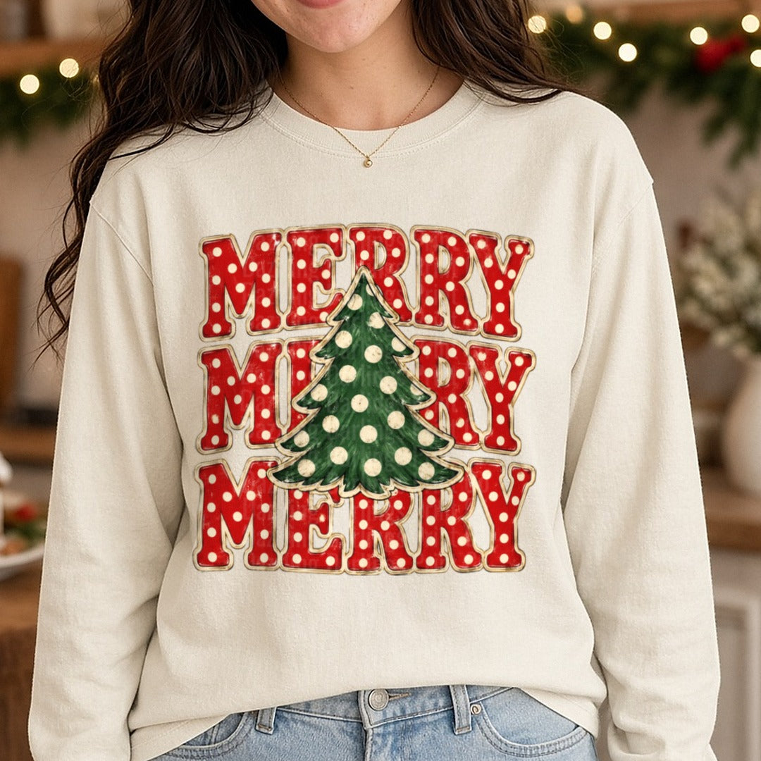 Polkadot Merry Christmas Tree DTF transfer shown on a Comfort Colors long sleeve tee