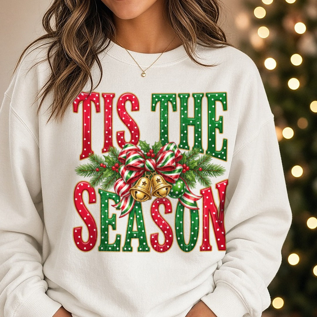 Tis The Season Polkadot DTF transfer shown on a Comfort Colors sweatshirt