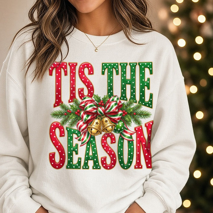 Tis The Season Polkadot DTF transfer shown on a Comfort Colors sweatshirt