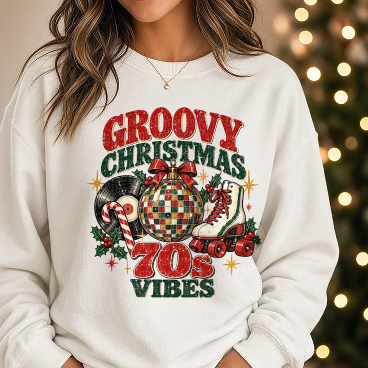 Retro Christmas 70s DTF transfer shown on a Comfort Colors sweatshirt