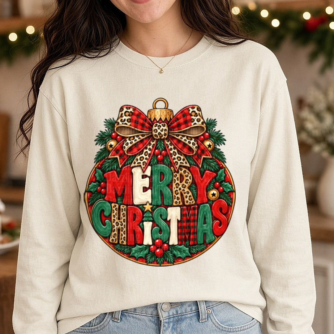 Leopard Merry Christmas DTF transfer shown on a Comfort Colors long sleeve tee