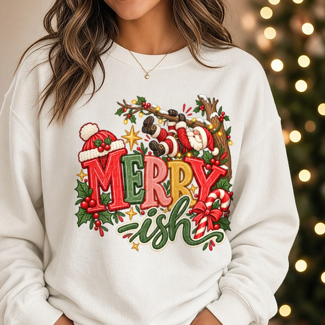 Merry-ish DTF transfer shown on a Comfort Colors sweatshirt