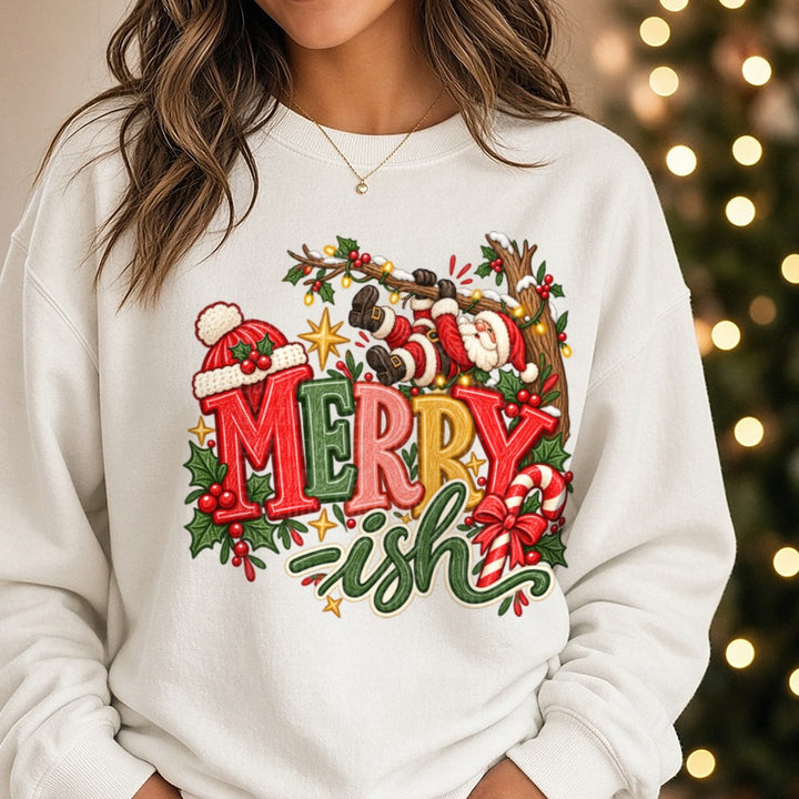 Merry-ish DTF transfer shown on a Comfort Colors sweatshirt