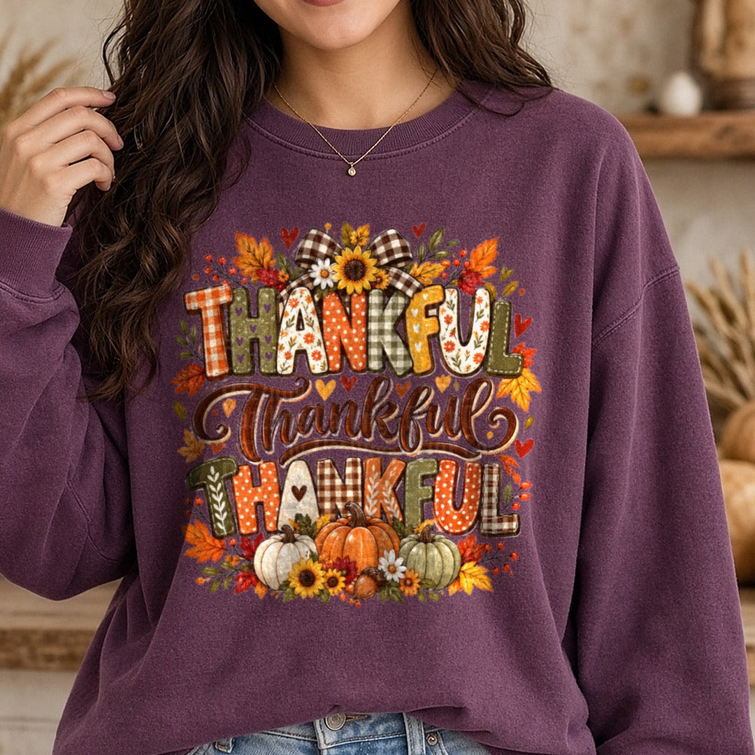 Thankful Thankful Thankful DTF transfer shown on a Comfort Colors sweatshirt