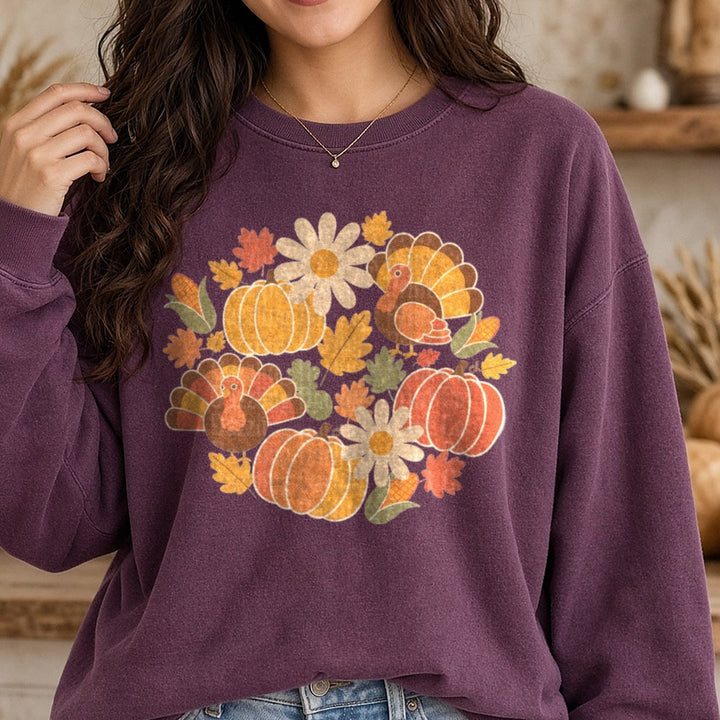 Thanksgiving Fall turkey pumpkin clipart retro DTF transfer shown on a Comfort Colors sweatshirt