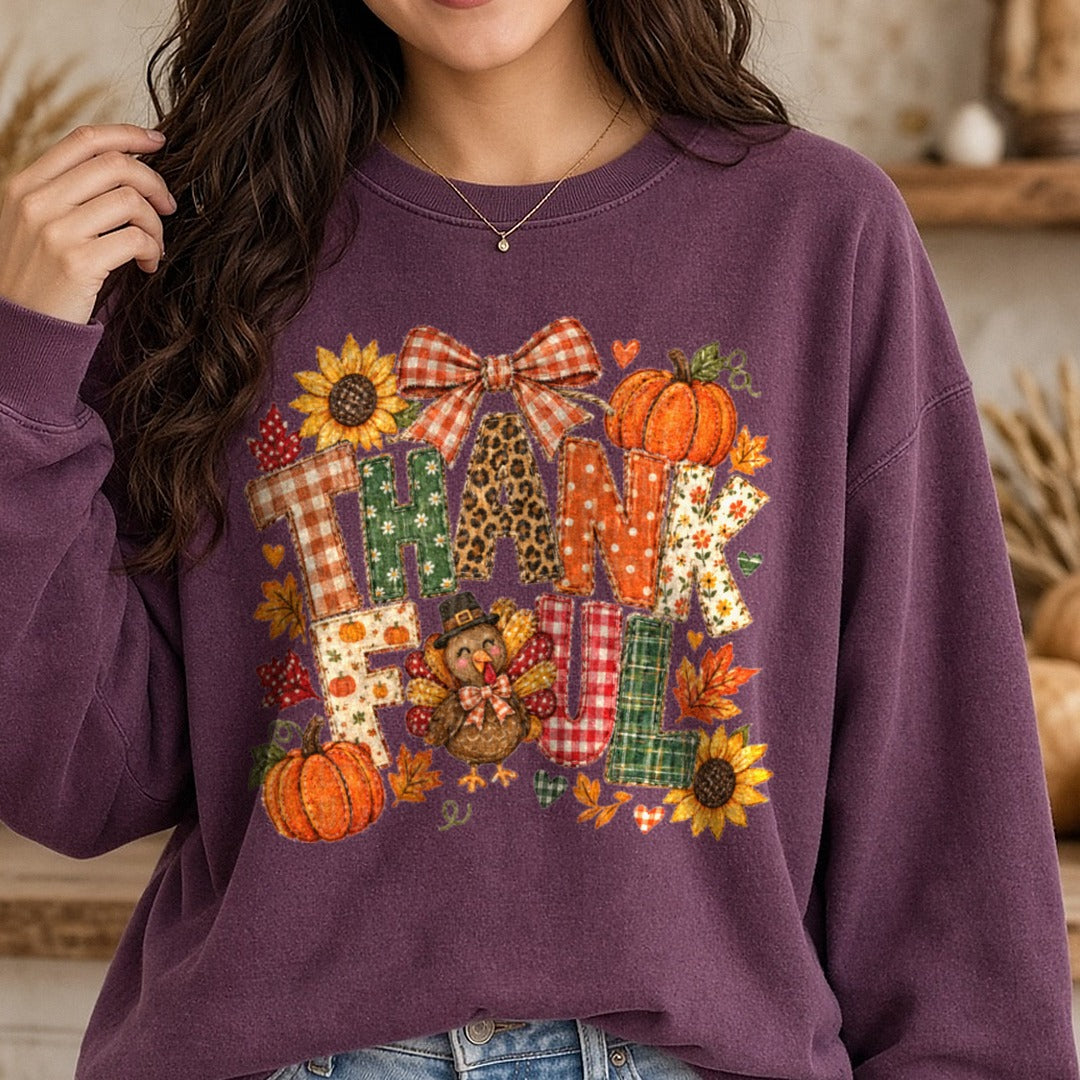 Thankful Thanksgiving Turkey DTF transfer shown on a Comfort Colors sweatshirt