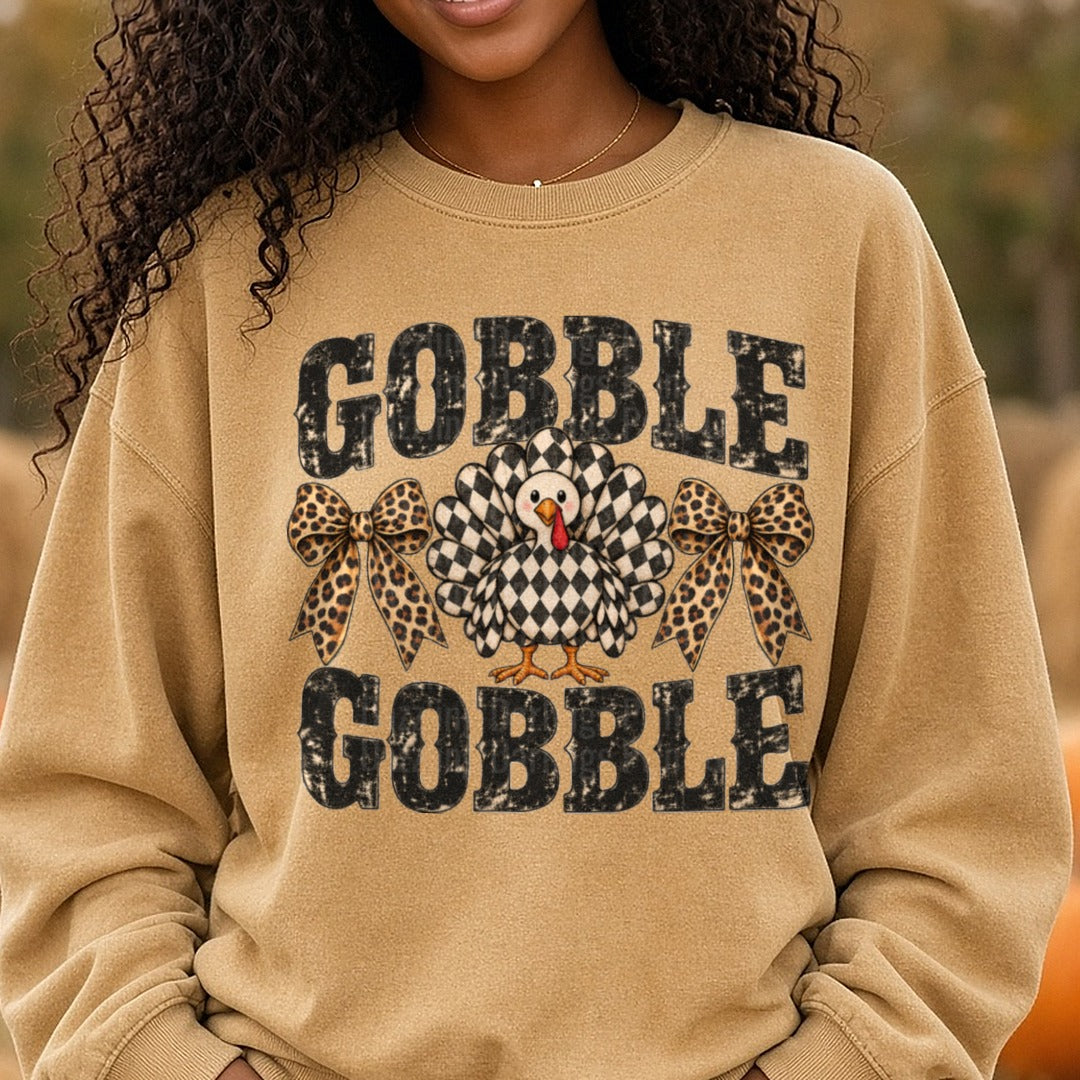 Distressed Gobble Gobble DTF transfer shown on a Comfort Colors sweatshirt
