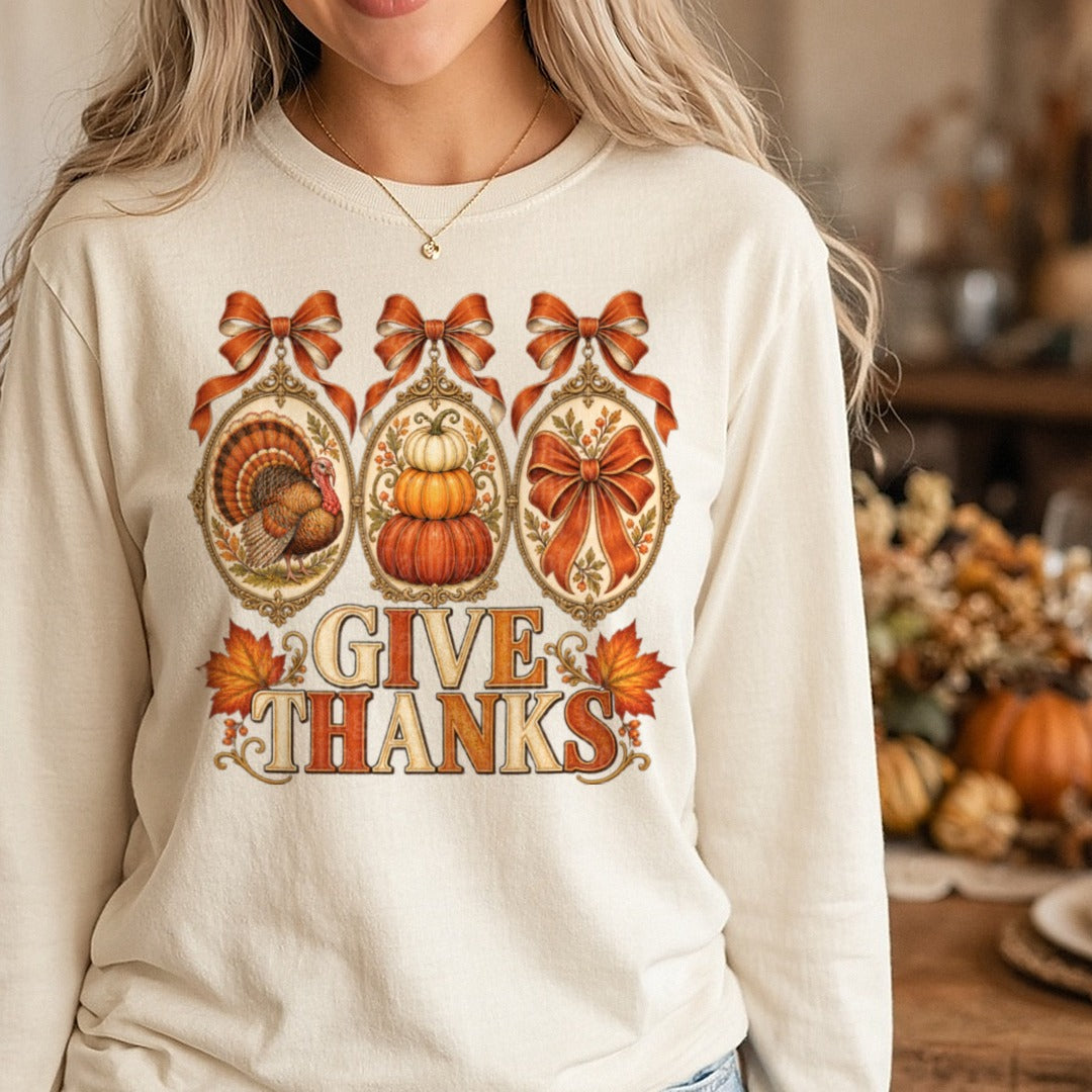 Give Thanks Stacked Pumpkins DTF transfer shown on a Comfort Colors long sleeve tee