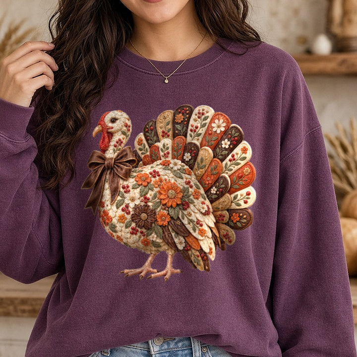 Floral Turkey DTF transfer shown on a Comfort Colors sweatshirt