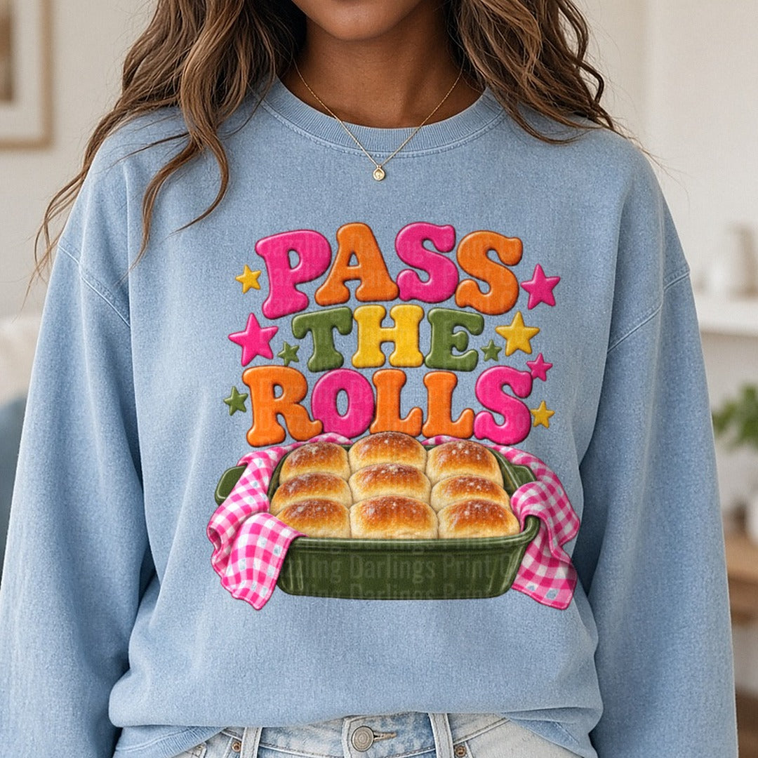 Pink Pass The Rolls DTF transfer shown on a Comfort Colors sweatshirt