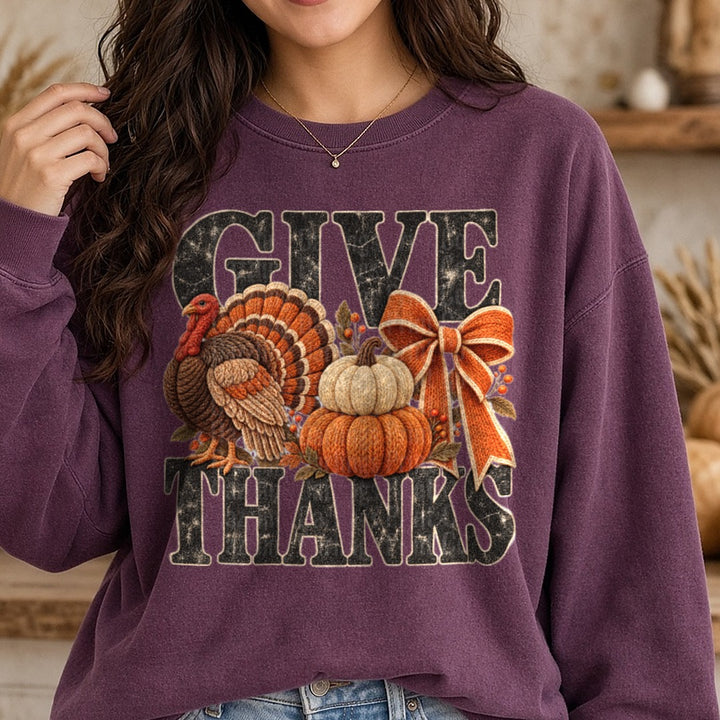 Distressed Give Thanks Turkey DTF transfer shown on a Comfort Colors sweatshirt