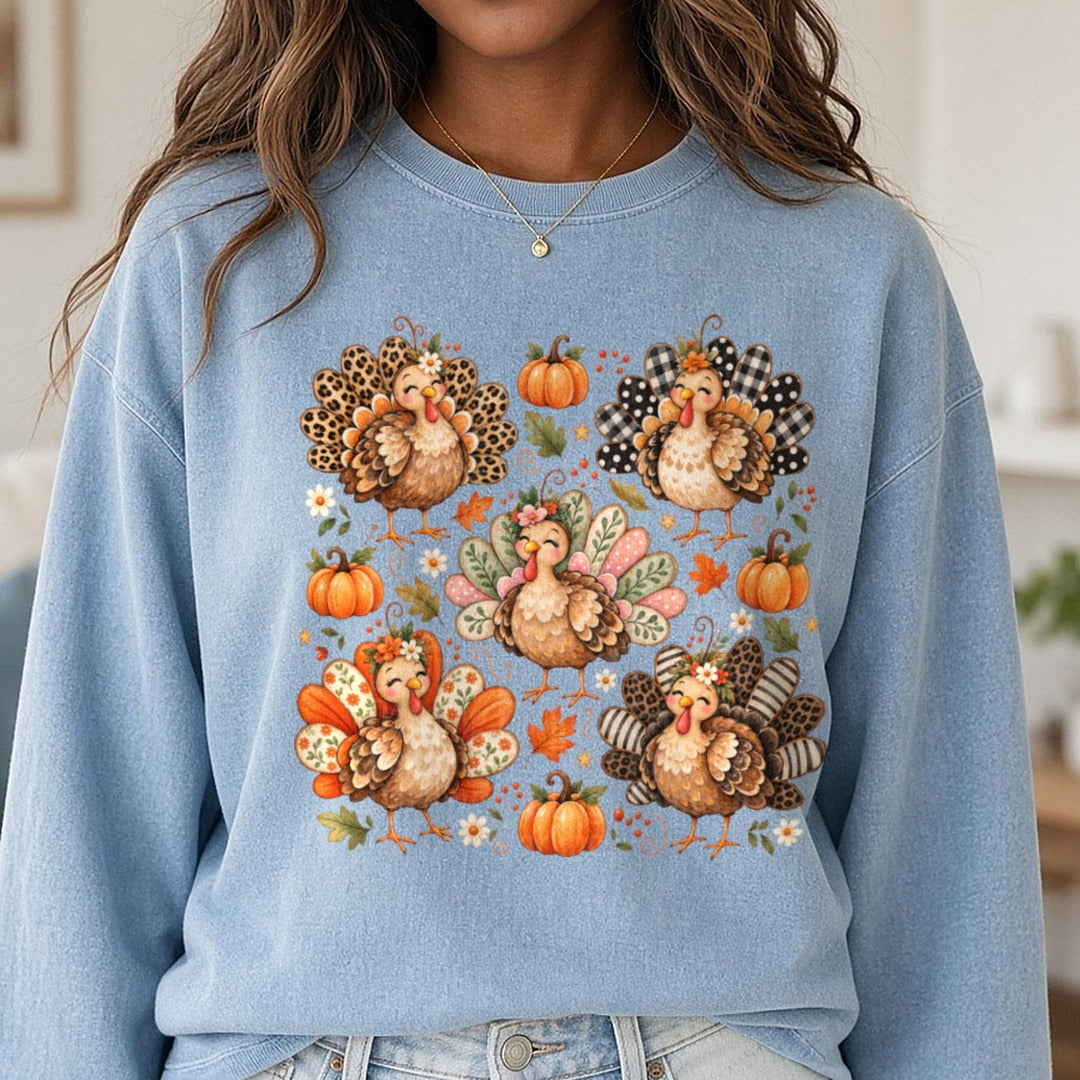 Leopard and Polkadot Turkeys DTF transfer shown on a Comfort Colors sweatshirt