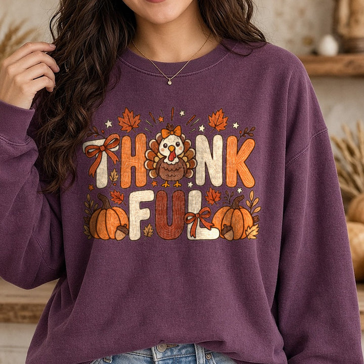 Thankful Turkey and Pumpkins DTF transfer shown on a Comfort Colors sweatshirt